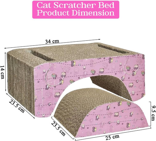 Cat scratcher with Toy balls, Corrugated cardboard scratching board for Indoor cats, Double-sided, Multi-function scratching pad with Cat nip, Recyclable, Sleep, Play & Grind Claw, 34 cm (Yellow-Pink)
