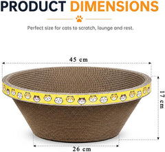 Oval Cardboard Cat Scratcher Bed, Wide Corrugated Scratching Bowl & Cozy Cat Lounger for Indoor Cats, Deep Resting Design with Decorative Yellow Cat Print for Scratching, Stretching & Napping, 45 cm