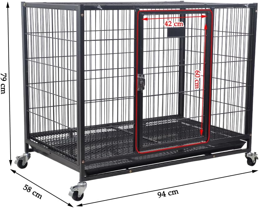 Dog Cage - Heavy-Duty Metal Dog Crate for Large, Medium & Small Dogs - Dog Kennel with Stackable Design with Open-Top Cover, Lockable Door, Tray & Universal Wheels, Indoor & Outdoor Use, 94cm (Black)