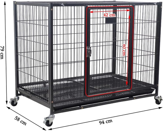 Dog Cage - Heavy-Duty Metal Dog Crate for Large, Medium & Small Dogs - Dog Kennel with Stackable Design with Open-Top Cover, Lockable Door, Tray & Universal Wheels, Indoor & Outdoor Use, 94cm (Black)