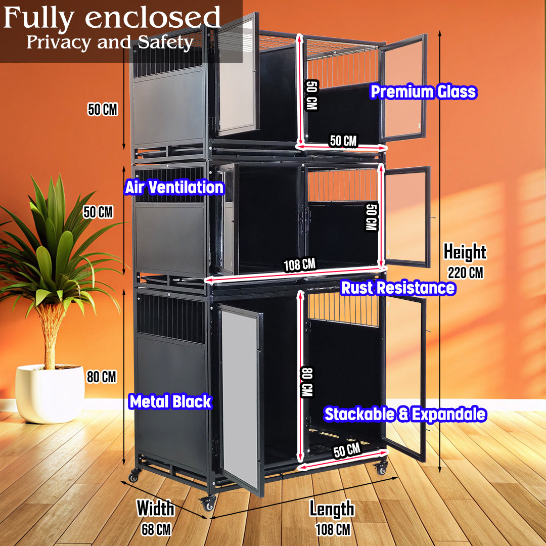 Multi-Level Partition Pet Cage with Wheels, Heavy Duty Modular Dog & Cat Kennel, Stackable Pet Enclosure for Breeders, Pet Shops & Rescue Centers, Lockable Doors, Indoor Boarding Cage System
