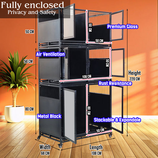 Multi-Level Partition Pet Cage with Wheels, Heavy Duty Modular Dog & Cat Kennel, Stackable Pet Enclosure for Breeders, Pet Shops & Rescue Centers, Lockable Doors, Indoor Boarding Cage System