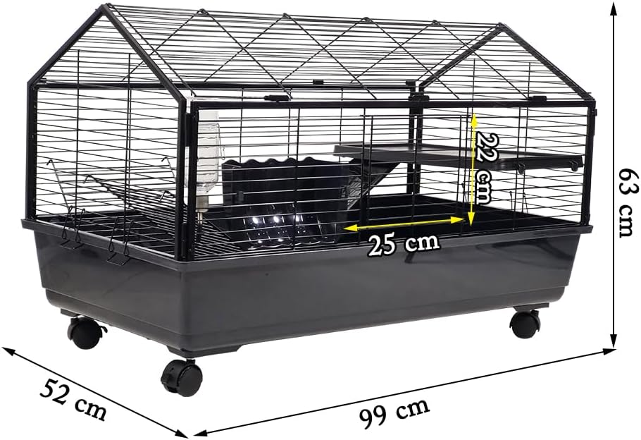 Rabbit cage with Water feeder, Feeding bowls, Climbing ladder, Leak-proof plastic, and Universal wheels, Detachable pet cage for indoor/outdoor use, Ideal for small pets 99 cm (Black)