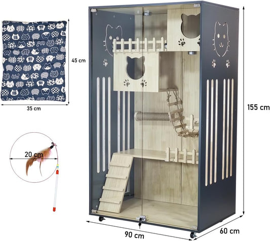 Wooden cat house for Indoor cats, Heavy-duty cat villa with Transparent glass doors, LED lights, Double cat condos, Play area, Toilet area, Stairs, and Universal wheels 155 cm (Black)