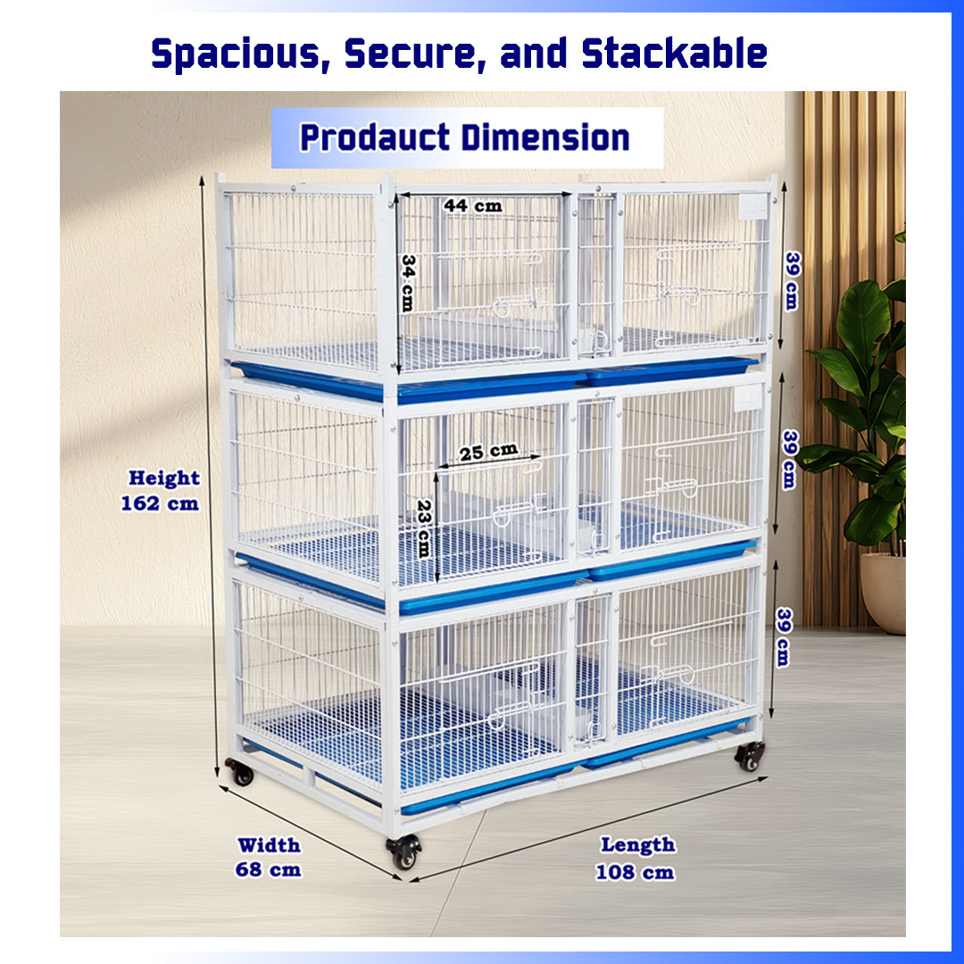 Large 3-Tier Pet Partition Cage with Wheels, Stackable Metal Animal Cage for Cats, Dogs, Rabbits, Birds and Small Pets, Multi-Compartment Breeding Kennel with Removable Trays, Lockable Doors, Indoor Pet Shop Home Use