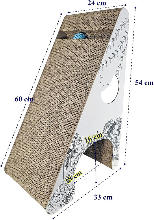 Cat Scratcher - Cat Scratching Post with Interactive Bell Ball Toy - Cat Tunnel, Catnip and Durable Corrugated Cardboard, Wear-Resistant - Cat Scratching Board for Indoor Cats & Kittens (White, 54 cm)