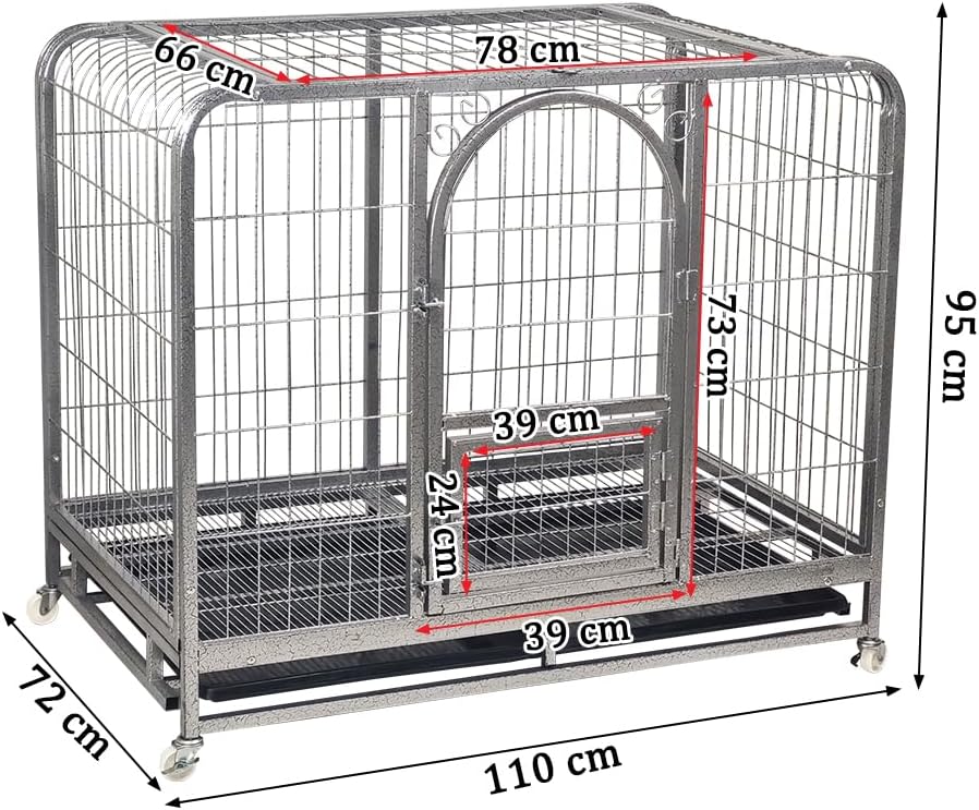 PETS Large Dog Cage - Heavy-Duty Metal Dog Crate for All Breeds - Open-Top Design with Lockable Door, Removable Tray & Universal Wheels - 110 cm Pet Cage for Indoor & Outdoor Use (Silver, Large)