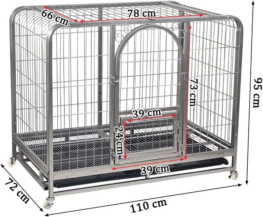 PETS Large Dog Cage - Heavy-Duty Metal Dog Crate for All Breeds - Open-Top Design with Lockable Door, Removable Tray & Universal Wheels - 110 cm Pet Cage for Indoor & Outdoor Use (Silver, Large)