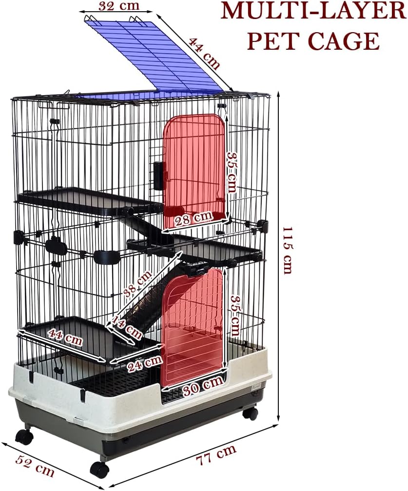 Multi-layer Pet Cage with Universal wheels, Pull-out Tray, Open-Top & Transparent Access Door, 115 cm Indoor Outdoor Cage for Rabbits, Ferret, and Small pets, Rabbit Cage with Ladder (Black)