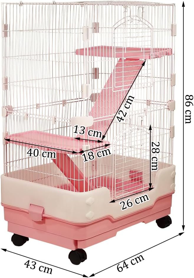 Indoor rabbit cage for Guinea pig, Ferret, and Chinchilla, 2-Tier Meta wire rabbit cage with 2-Lockable doors, Climbing ladders, Pull-out tray, and Universal wheels, Easy assembly 86 cm (Pink)