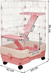 Indoor rabbit cage for Guinea pig, Ferret, and Chinchilla, 2-Tier Meta wire rabbit cage with 2-Lockable doors, Climbing ladders, Pull-out tray, and Universal wheels, Easy assembly 86 cm (Pink)