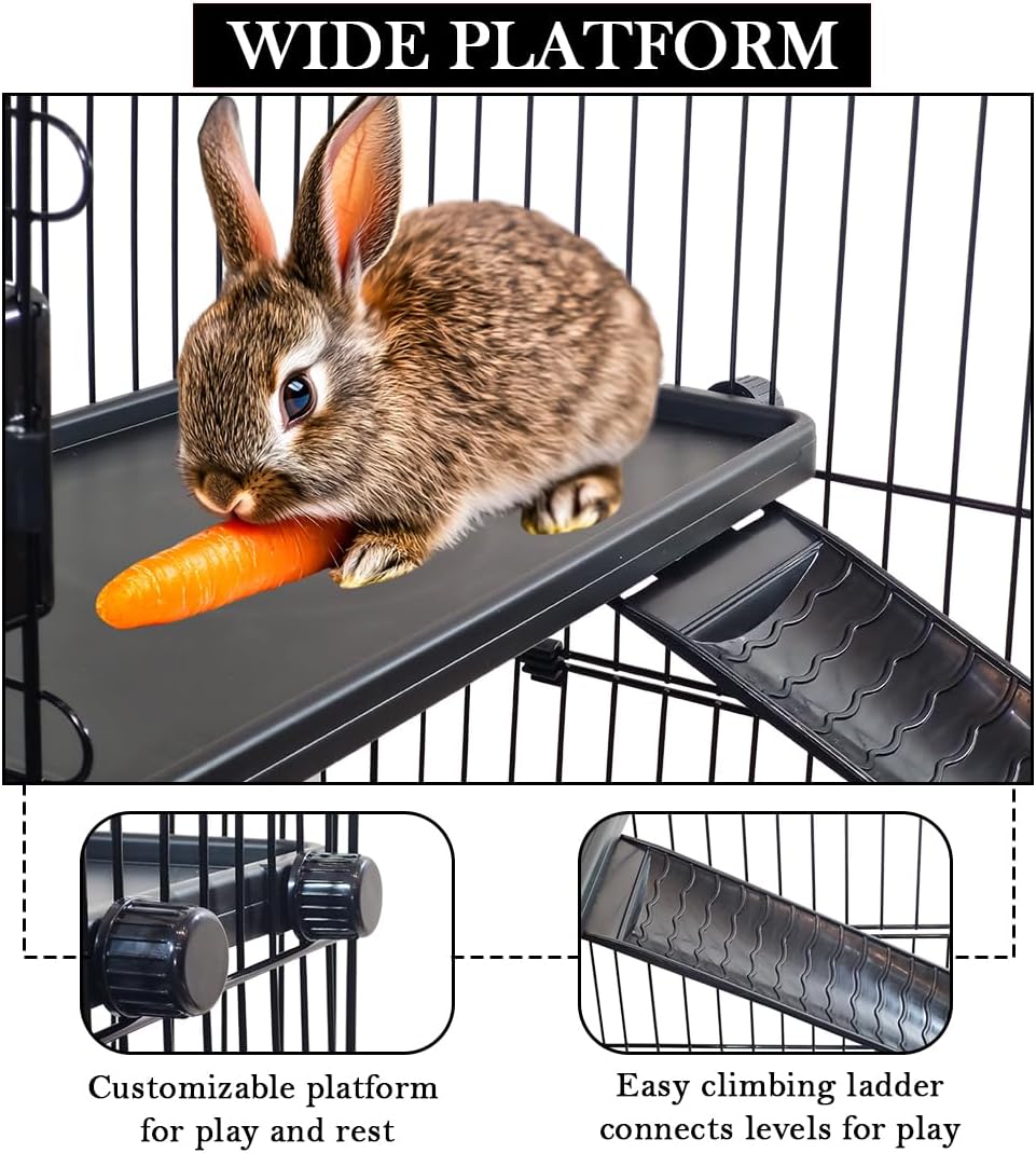 Portable Bunny Cage with Universal wheels, Pull-out Tray, Open-Top & Transparent Access Door, 70 cm Indoor Outdoor Cage for Rabbits, Ferret, and Small pets, Rabbit Cage with Ladder (Black)