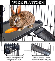 Portable Bunny Cage with Universal wheels, Pull-out Tray, Open-Top & Transparent Access Door, 70 cm Indoor Outdoor Cage for Rabbits, Ferret, and Small pets, Rabbit Cage with Ladder (Black)