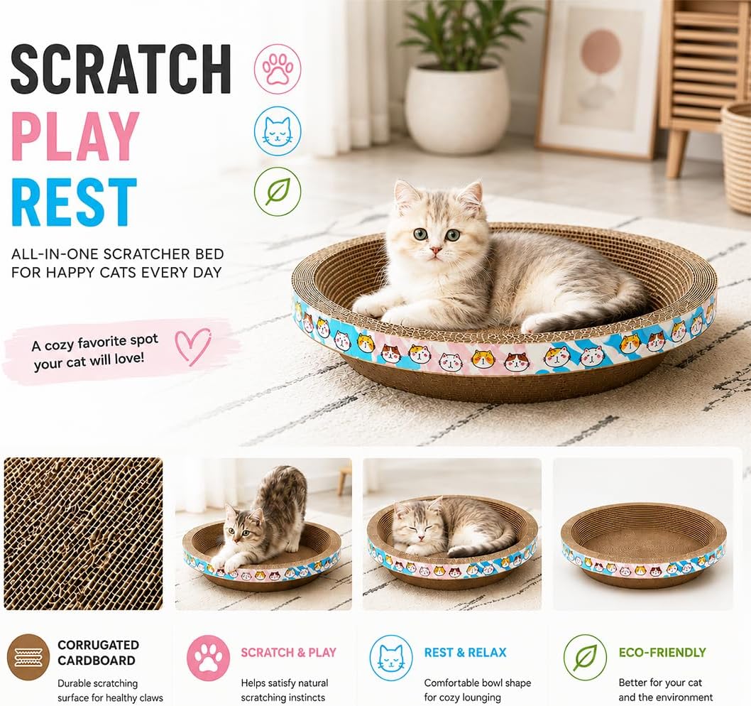 Medium Cat Scratcher Bed, Round Corrugated Cardboard Cat Scratching Bowl, Cozy Cat Lounger for Scratching, Resting and Indoor Play, 40 cm Protect Furniture, (Blue)