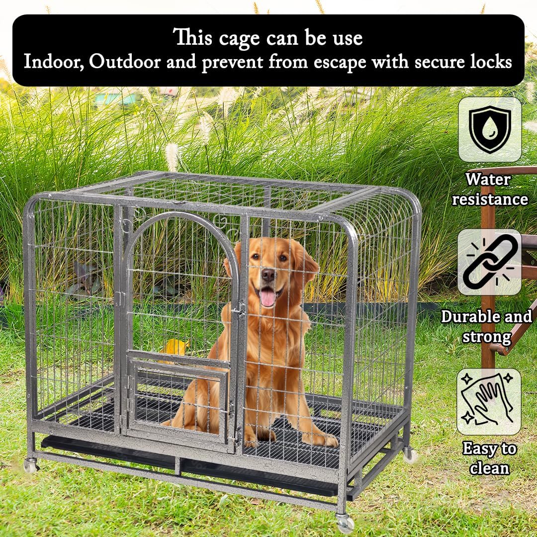 PETS Large Dog Cage - Heavy-Duty Metal Dog Crate for All Breeds - Open-Top Design with Lockable Door, Removable Tray & Universal Wheels - 110 cm Pet Cage for Indoor & Outdoor Use (Silver, Large)