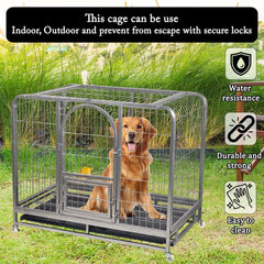 PETS Large Dog Cage - Heavy-Duty Metal Dog Crate for All Breeds - Open-Top Design with Lockable Door, Removable Tray & Universal Wheels - 110 cm Pet Cage for Indoor & Outdoor Use (Silver, Large)