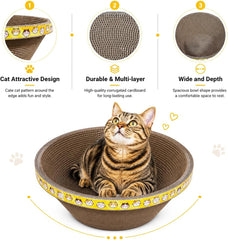 Oval Cardboard Cat Scratcher Bed, Wide Corrugated Scratching Bowl & Cozy Cat Lounger for Indoor Cats, Deep Resting Design with Decorative Yellow Cat Print for Scratching, Stretching & Napping, 45 cm