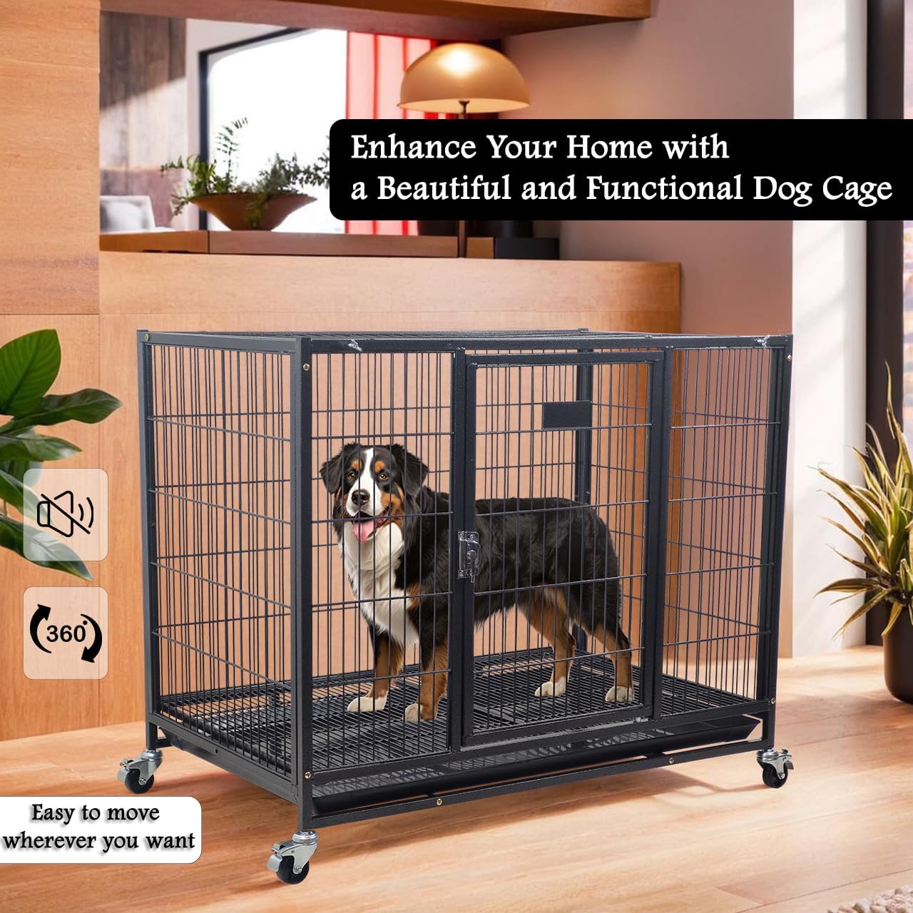 Dog Cage - Heavy-Duty Metal Dog Crate for Large, Medium & Small Dogs - Dog Kennel with Stackable Design with Open-Top Cover, Lockable Door, Tray & Universal Wheels, Indoor & Outdoor Use, 94cm (Black)