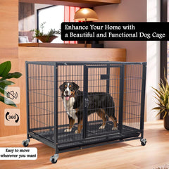 Dog Cage - Heavy-Duty Metal Dog Crate for Large, Medium & Small Dogs - Dog Kennel with Stackable Design with Open-Top Cover, Lockable Door, Tray & Universal Wheels, Indoor & Outdoor Use, 94cm (Black)