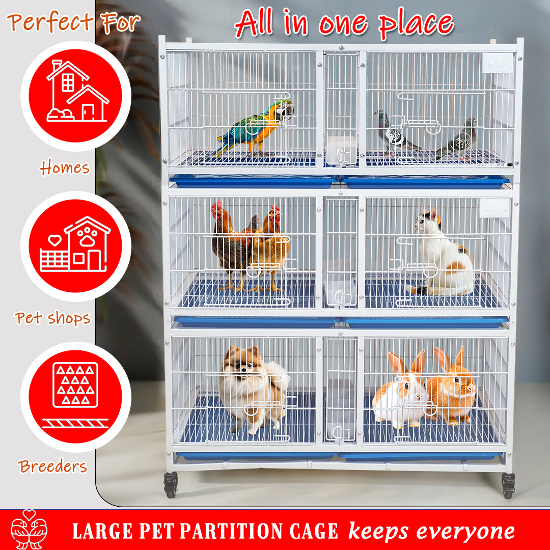 Large 3-Tier Pet Partition Cage with Wheels, Stackable Metal Animal Cage for Cats, Dogs, Rabbits, Birds and Small Pets, Multi-Compartment Breeding Kennel with Removable Trays, Lockable Doors, Indoor Pet Shop Home Use