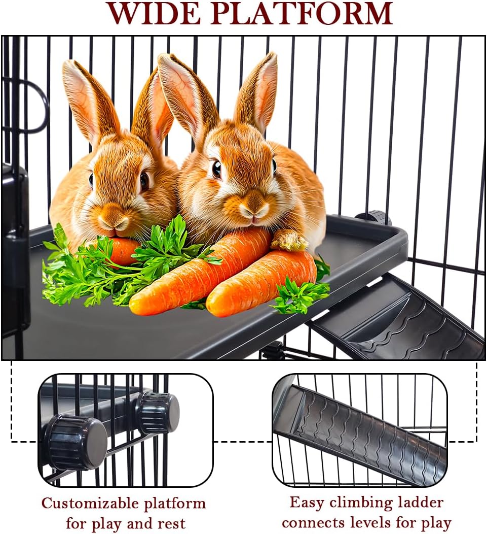 Multi-layer Pet Cage with Universal wheels, Pull-out Tray, Open-Top & Transparent Access Door, 115 cm Indoor Outdoor Cage for Rabbits, Ferret, and Small pets, Rabbit Cage with Ladder (Black)