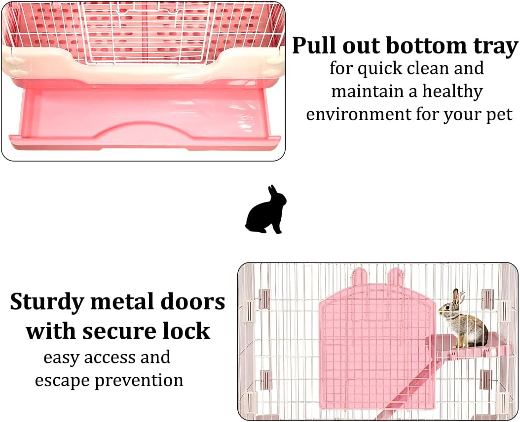 Indoor rabbit cage for Guinea pig, Ferret, and Chinchilla, 2-Tier Meta wire rabbit cage with 2-Lockable doors, Climbing ladders, Pull-out tray, and Universal wheels, Easy assembly 86 cm (Pink)