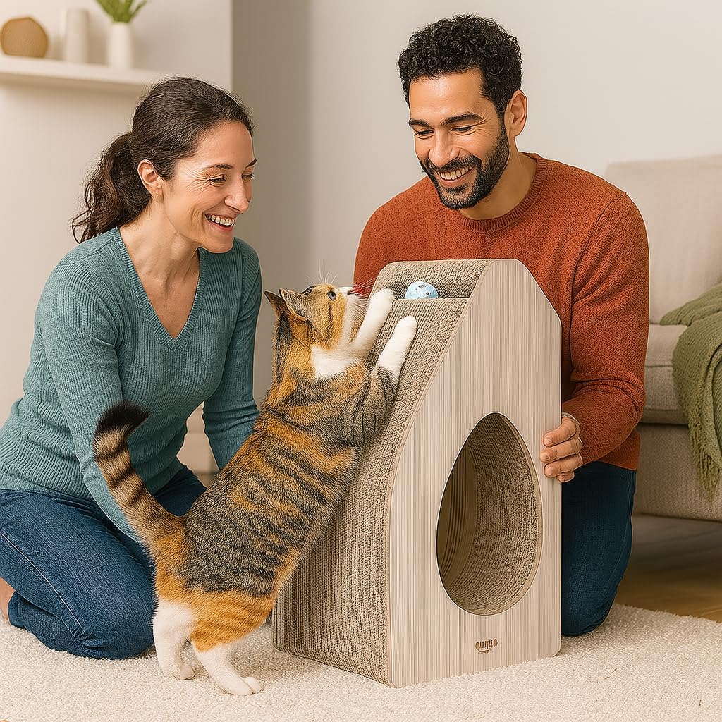 Cat Scratcher - Cat Scratching Post with Interactive Bell Ball Toy - Cat Tunnel, Catnip and Durable Corrugated Cardboard, Wear-Resistant - Cat Scratching Board for Indoor Cats & Kittens (Beige, 55 cm)