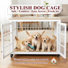 Dog cage with Metal frame, Table Top, Lockable Doors and Wheels, 98 cm Pet Kennel for Medium to Large Dogs, Air Ventilation, and Indoor-Outdoor use, Dog Crate Furniture for Multiple puppies (White)
