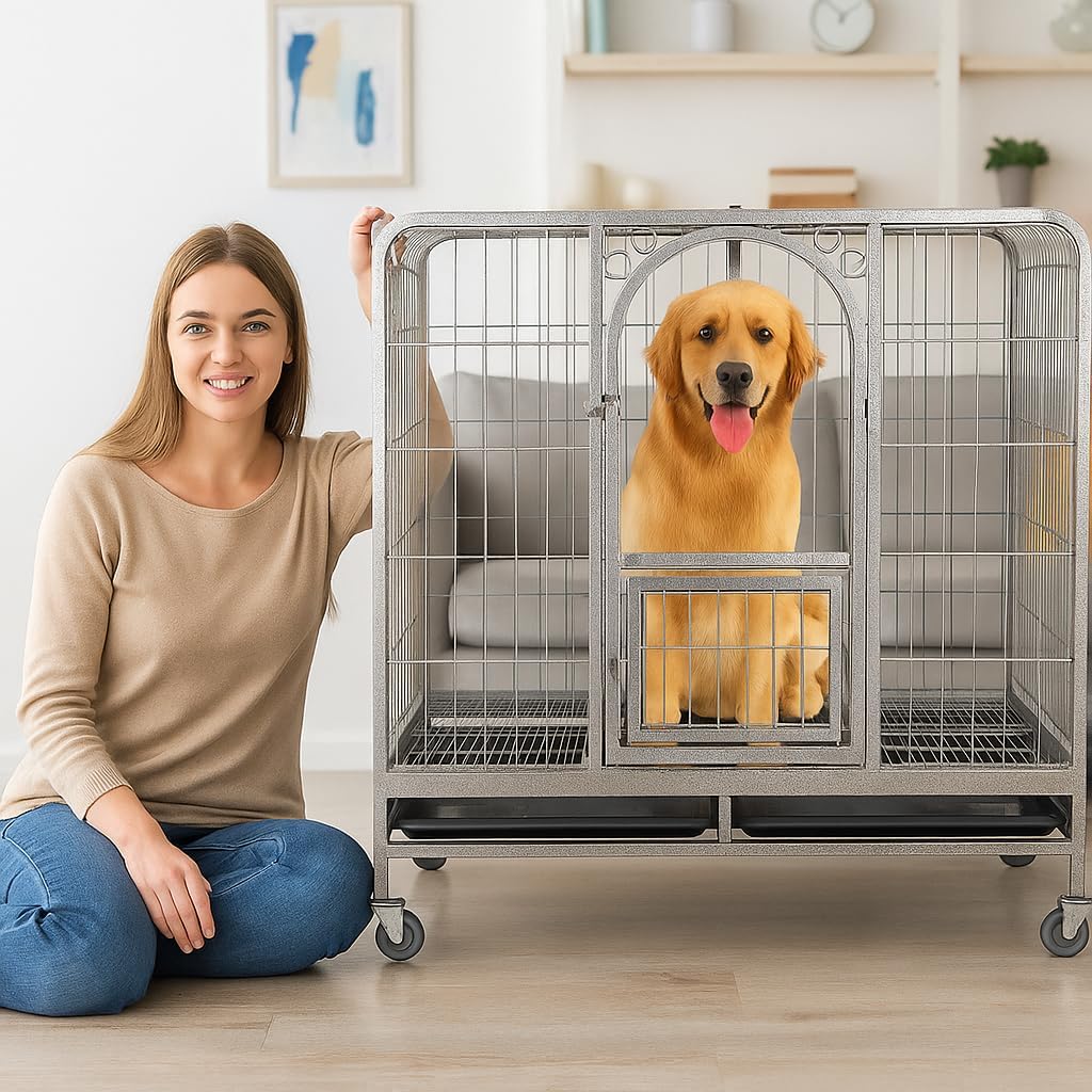 PETS Large Dog Cage - Heavy-Duty Metal Dog Crate for All Breeds - Open-Top Design with Lockable Door, Removable Tray & Universal Wheels - 110 cm Pet Cage for Indoor & Outdoor Use (Silver, Large)