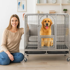 PETS Large Dog Cage - Heavy-Duty Metal Dog Crate for All Breeds - Open-Top Design with Lockable Door, Removable Tray & Universal Wheels - 110 cm Pet Cage for Indoor & Outdoor Use (Silver, Large)