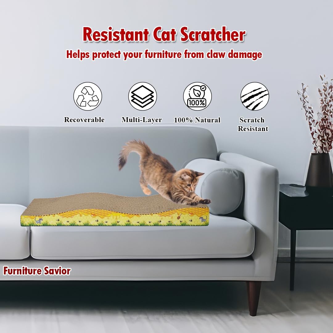 Cat scratcher pad with Wave design, Recyclable cardboard, Suitable for Cats to Rest, Grind claws and Play with Scratch box, Corrugated scratching board with Fun and Attractive, 44.5 cm (Yellow/Blue)