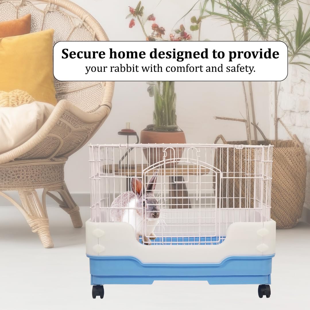 Rabbit cage with Metal wire construction, Secure door lock, Removable tray, and Universal wheels, Durable pet cage for Rabbits and Hamsters, Ideal for indoor/outdoor, Easy to clean 64 cm (Blue)