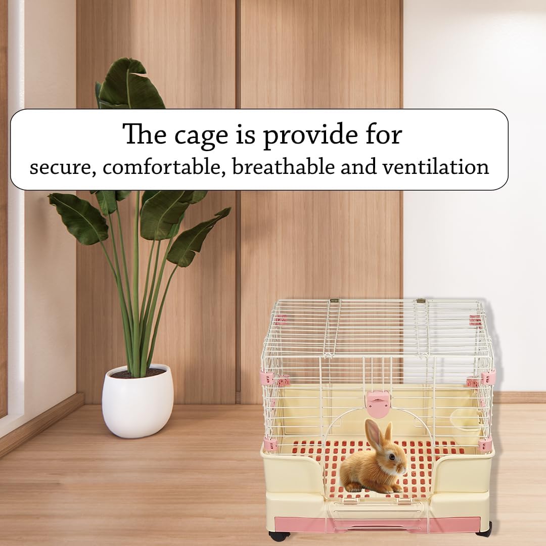 Rabbit cage for indoor/outdoor use, Durable metal wire rabbit cage with Transparent door, Food bowl, Removable tray, and Universal wheels, Ideal for small pet, Easy assembly 59 cm (Pink)