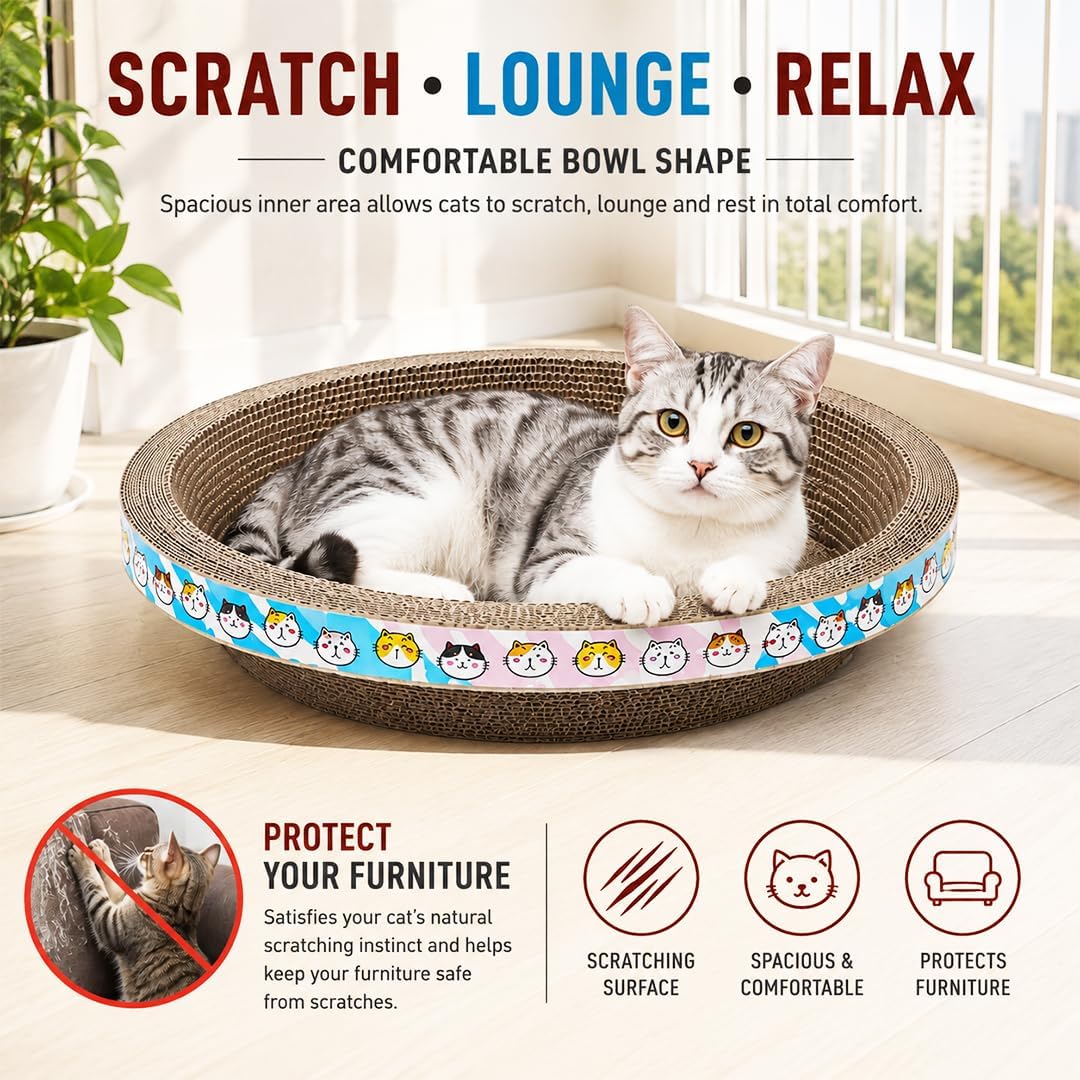 Large Cat Scratcher Bed, 46 cm Round Corrugated Cardboard with Cat Scratching Bowl, Protect Furniture, and Lounger for Cats of Different Sizes, Indoor Play and Rest, (Blue)