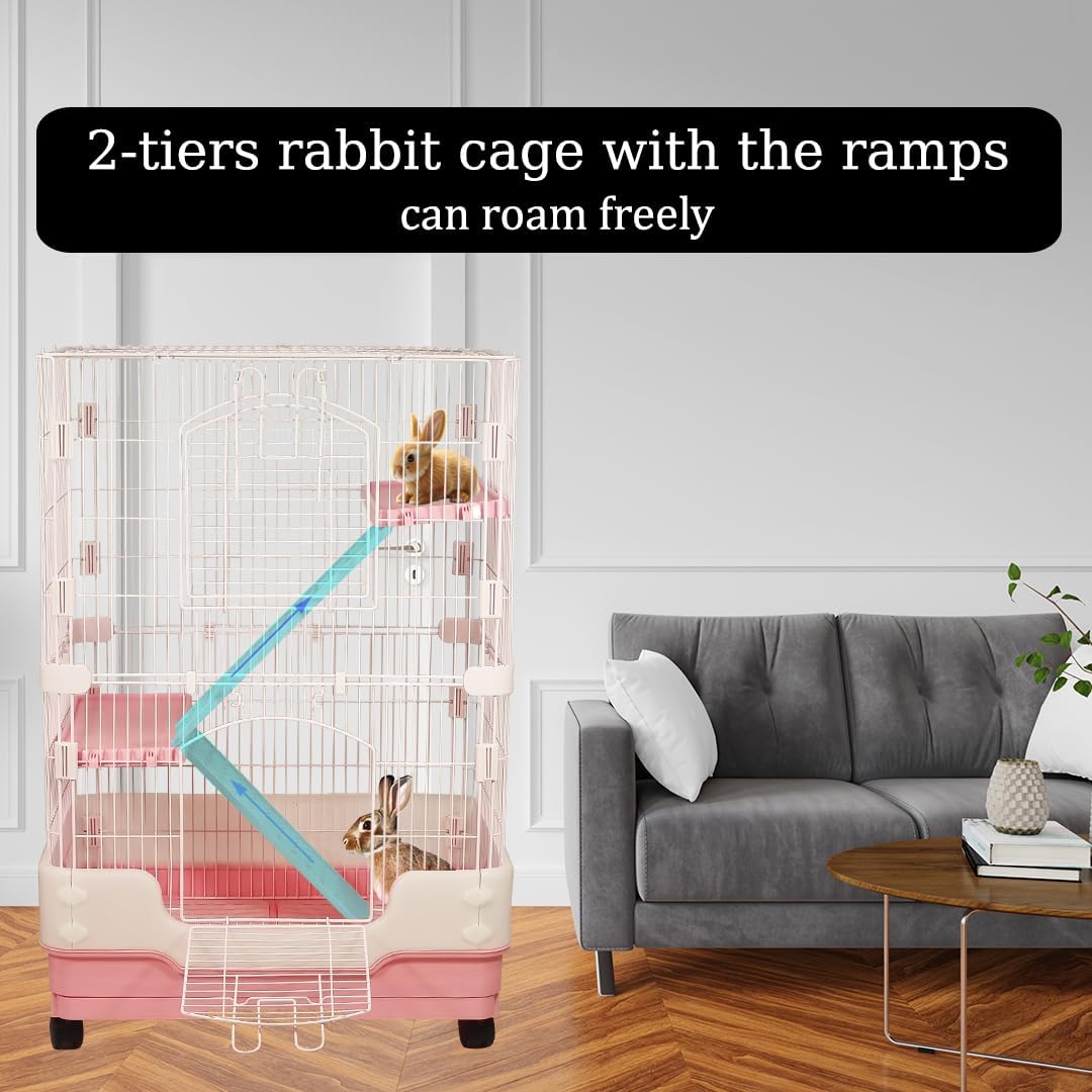 Indoor rabbit cage for Guinea pig, Ferret, and Chinchilla, 2-Tier Meta wire rabbit cage with 2-Lockable doors, Climbing ladders, Pull-out tray, and Universal wheels, Easy assembly 86 cm (Pink)