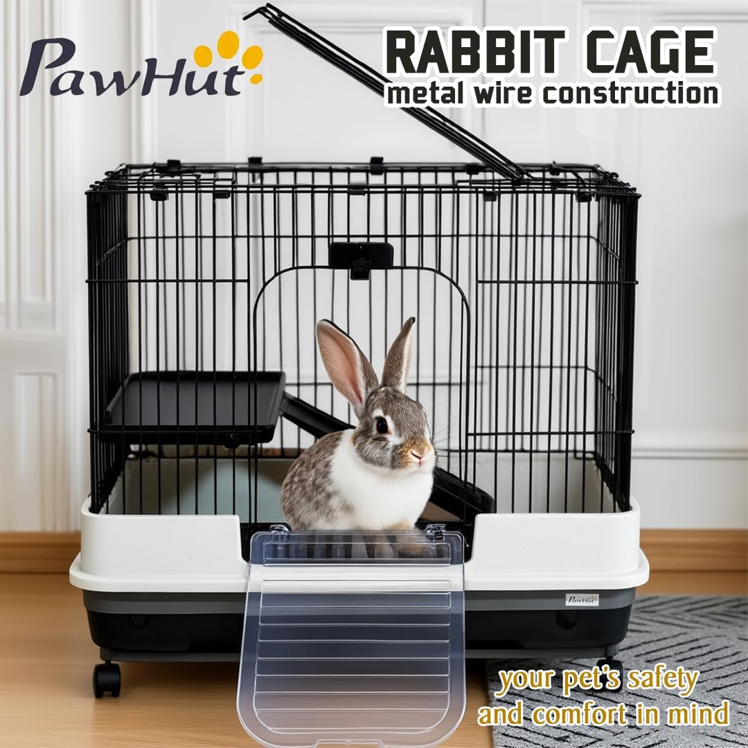 Portable Bunny Cage with Universal wheels, Pull-out Tray, Open-Top & Transparent Access Door, 70 cm Indoor Outdoor Cage for Rabbits, Ferret, and Small pets, Rabbit Cage with Ladder (Black)