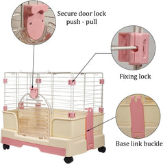 Rabbit cage for indoor/outdoor use, Durable metal wire rabbit cage with Transparent door, Food bowl, Removable tray, and Universal wheels, Ideal for small pet, Easy assembly 59 cm (Pink)
