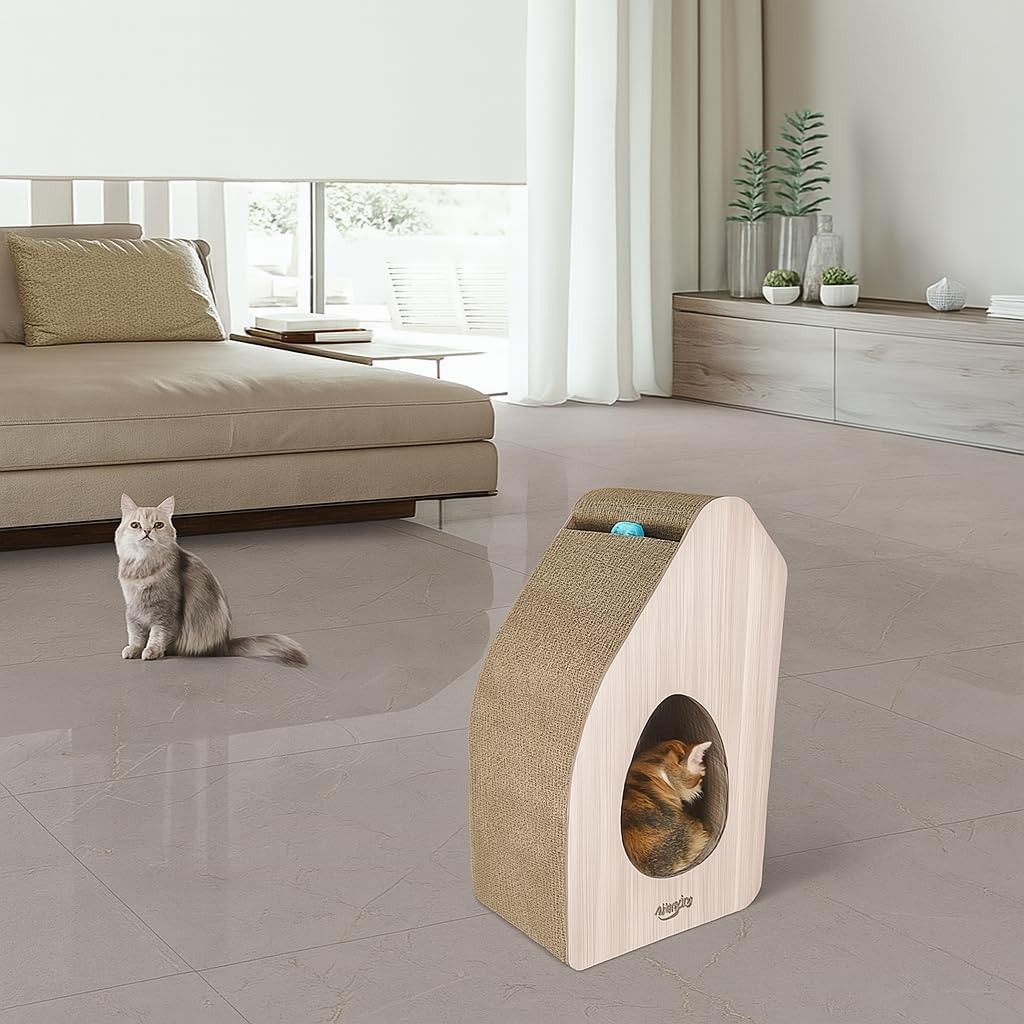 Cat Scratcher - Cat Scratching Post with Interactive Bell Ball Toy - Cat Tunnel, Catnip and Durable Corrugated Cardboard, Wear-Resistant - Cat Scratching Board for Indoor Cats & Kittens (Beige, 55 cm)