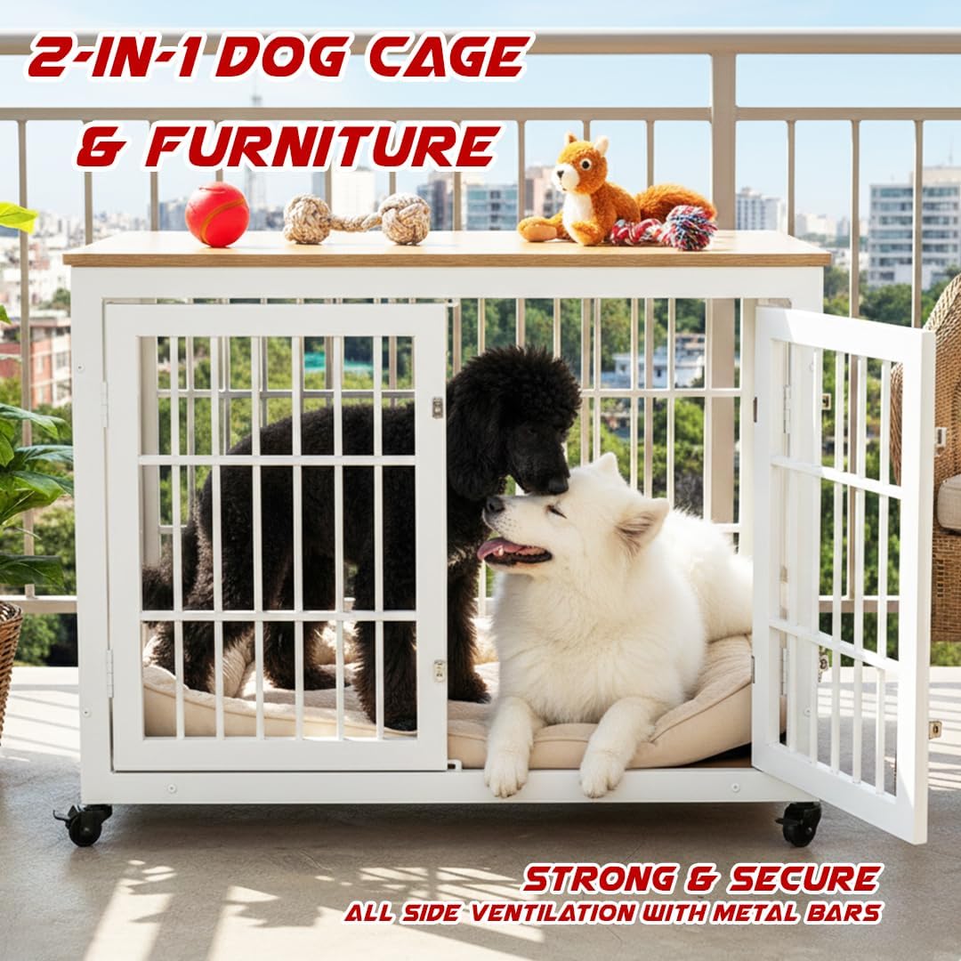 Dog cage with Metal frame, Table Top, Lockable Doors and Wheels, 98 cm Pet Kennel for Medium to Large Dogs, Air Ventilation, and Indoor-Outdoor use, Dog Crate Furniture for Multiple puppies (White)