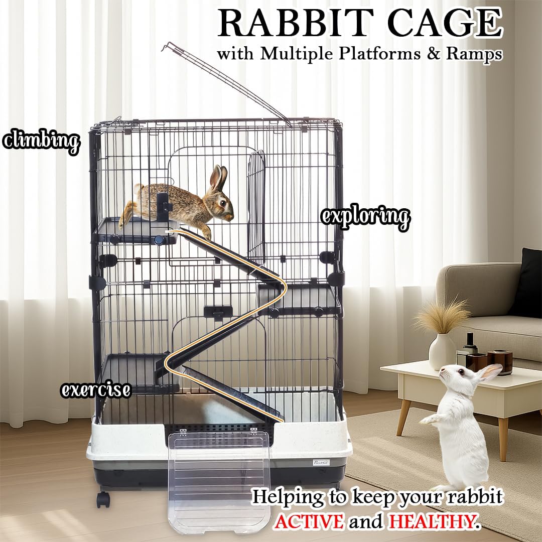 Multi-layer Pet Cage with Universal wheels, Pull-out Tray, Open-Top & Transparent Access Door, 115 cm Indoor Outdoor Cage for Rabbits, Ferret, and Small pets, Rabbit Cage with Ladder (Black)