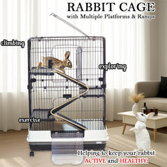 Multi-layer Pet Cage with Universal wheels, Pull-out Tray, Open-Top & Transparent Access Door, 115 cm Indoor Outdoor Cage for Rabbits, Ferret, and Small pets, Rabbit Cage with Ladder (Black)
