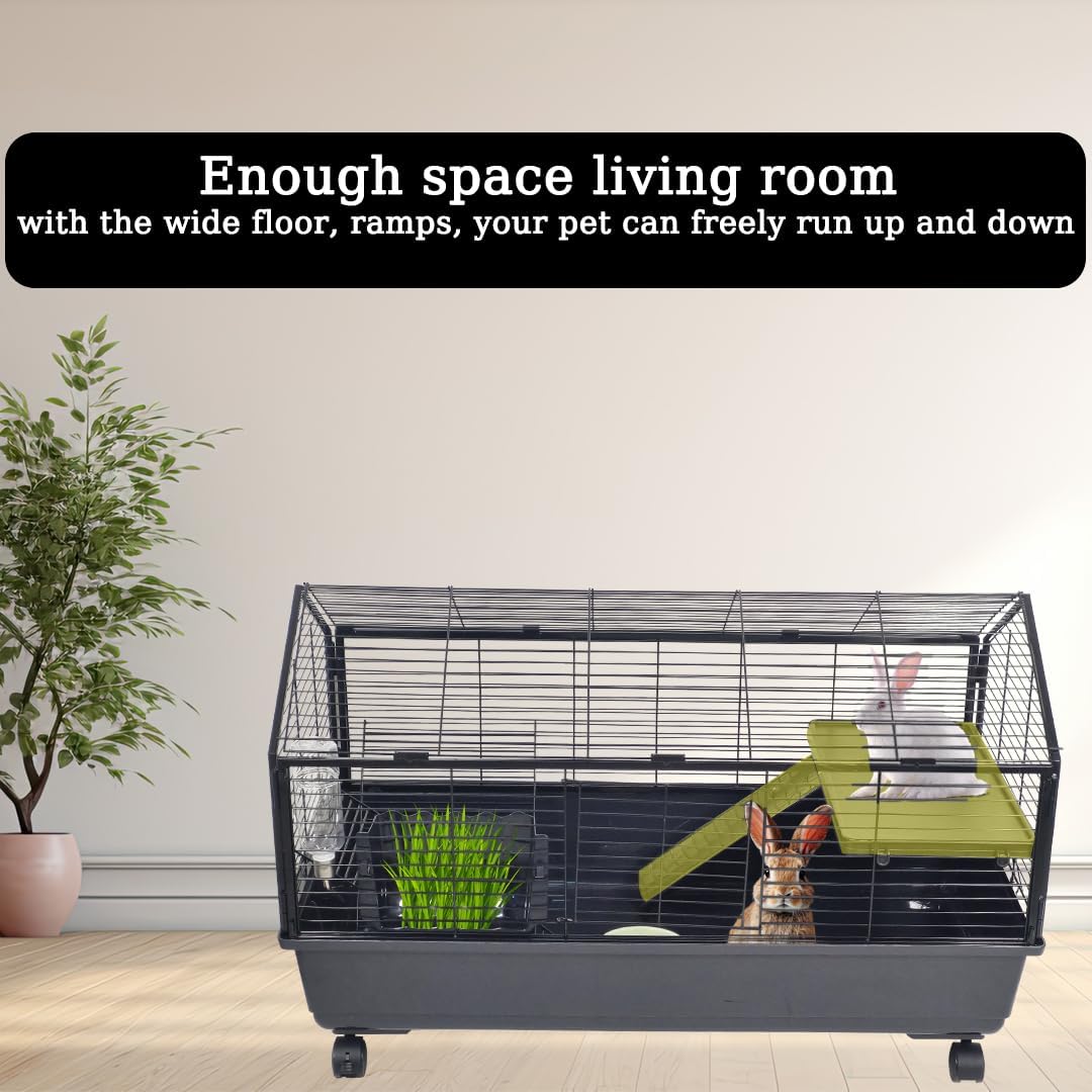 Rabbit cage with Water feeder, Feeding bowls, Climbing ladder, Leak-proof plastic, and Universal wheels, Detachable pet cage for indoor/outdoor use, Ideal for small pets 99 cm (Black)