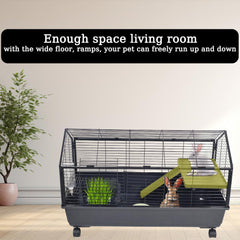 Rabbit cage with Water feeder, Feeding bowls, Climbing ladder, Leak-proof plastic, and Universal wheels, Detachable pet cage for indoor/outdoor use, Ideal for small pets 99 cm (Black)