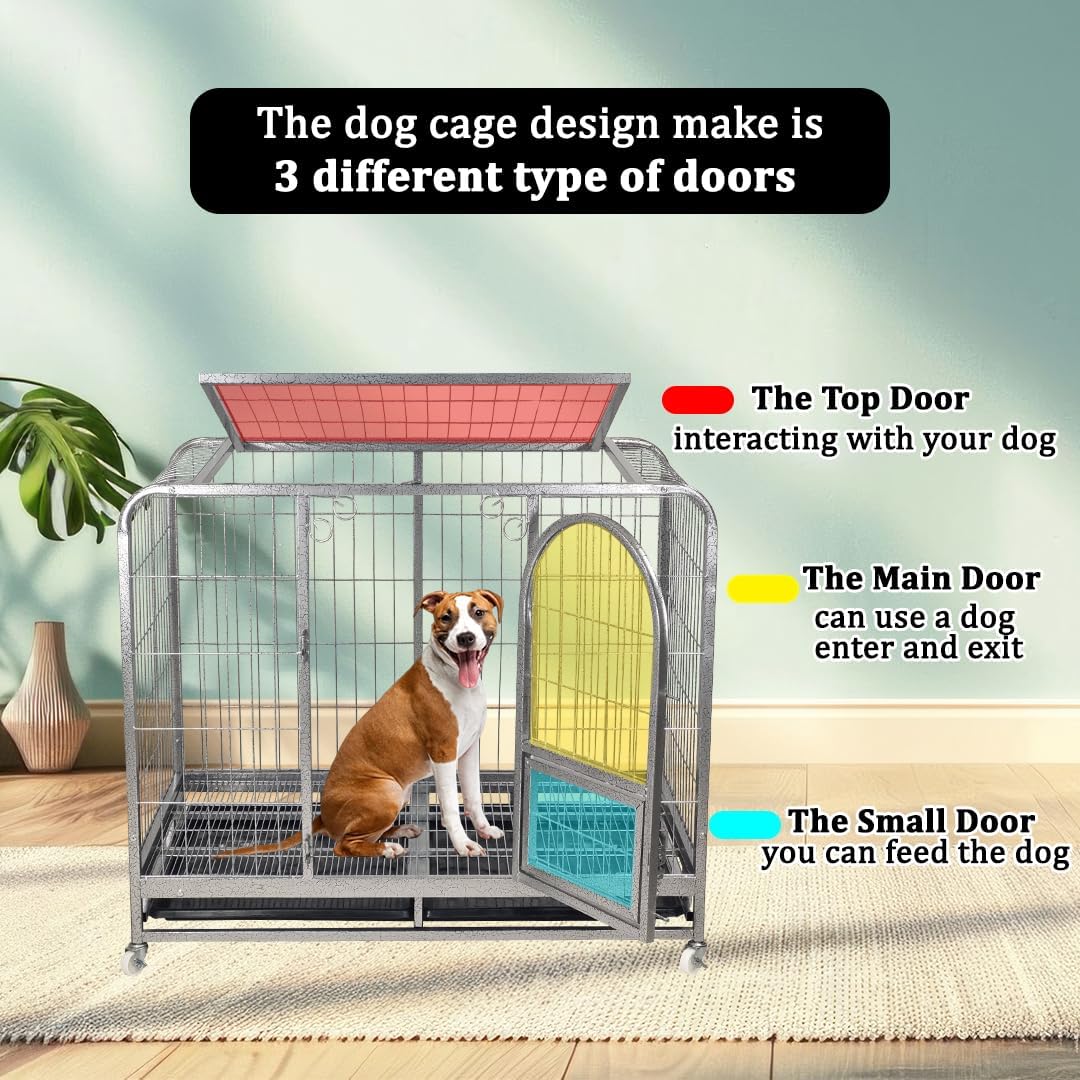 PETS Large Dog Cage - Heavy-Duty Metal Dog Crate for All Breeds - Open-Top Design with Lockable Door, Removable Tray & Universal Wheels - 110 cm Pet Cage for Indoor & Outdoor Use (Silver, Large)