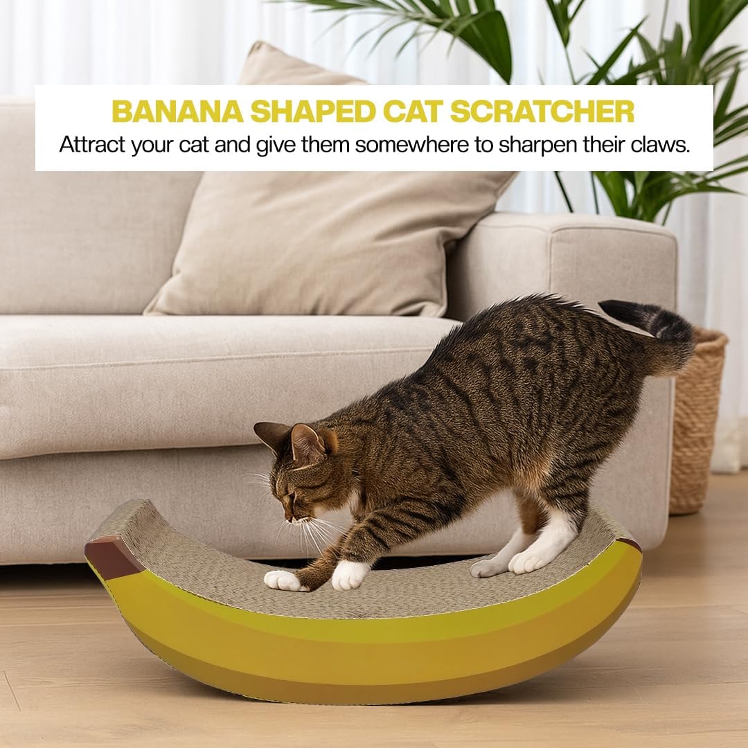 Cat scratching board with Banana design and Catnip, Heavy-duty corrugated paper scratcher for Kittens & Adult cats, Reversible cat scratch pad for claw grinding, 45 cm (Yellow)