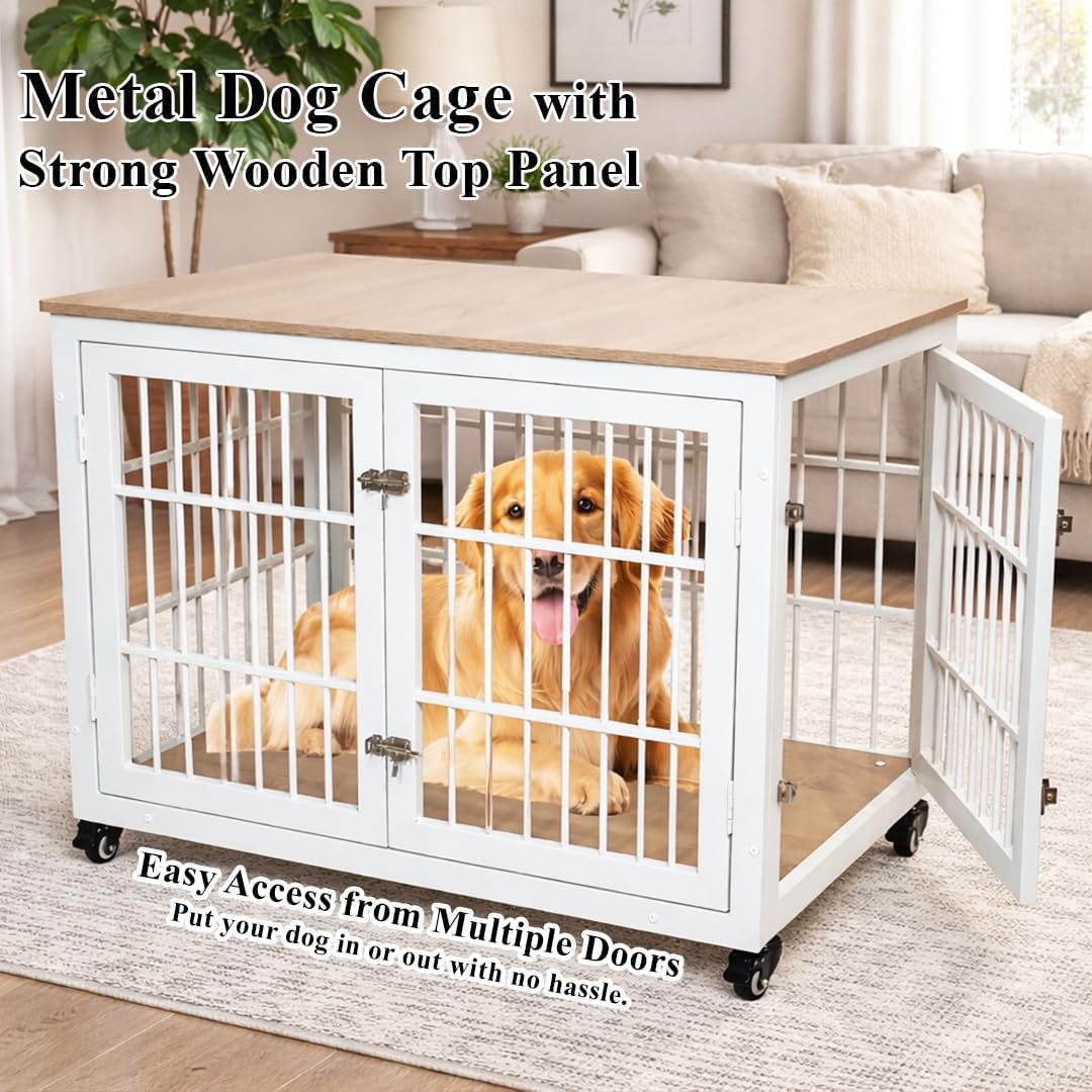 Dog cage with Metal frame, Table Top, Lockable Doors and Wheels, 98 cm Pet Kennel for Medium to Large Dogs, Air Ventilation, and Indoor-Outdoor use, Dog Crate Furniture for Multiple puppies (White)