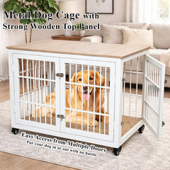 Dog cage with Metal frame, Table Top, Lockable Doors and Wheels, 98 cm Pet Kennel for Medium to Large Dogs, Air Ventilation, and Indoor-Outdoor use, Dog Crate Furniture for Multiple puppies (White)