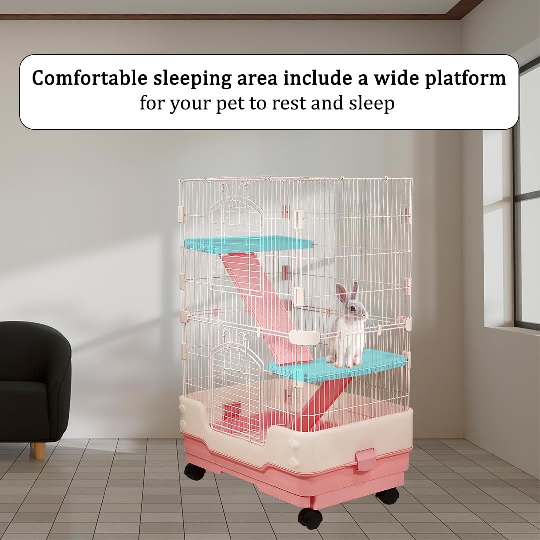 Indoor rabbit cage for Guinea pig, Ferret, and Chinchilla, 2-Tier Meta wire rabbit cage with 2-Lockable doors, Climbing ladders, Pull-out tray, and Universal wheels, Easy assembly 86 cm (Pink)