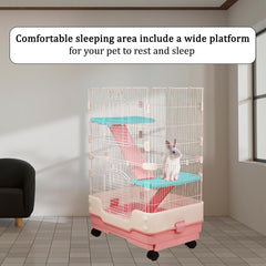 Indoor rabbit cage for Guinea pig, Ferret, and Chinchilla, 2-Tier Meta wire rabbit cage with 2-Lockable doors, Climbing ladders, Pull-out tray, and Universal wheels, Easy assembly 86 cm (Pink)
