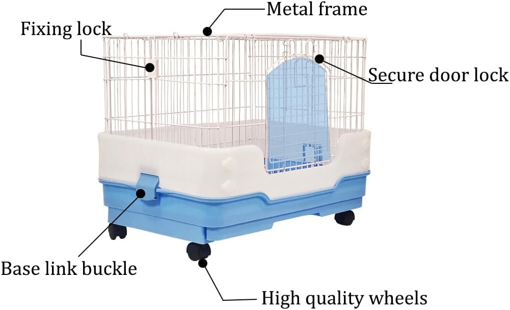 Rabbit cage with Metal wire construction, Secure door lock, Removable tray, and Universal wheels, Durable pet cage for Rabbits and Hamsters, Ideal for indoor/outdoor, Easy to clean 64 cm (Blue)